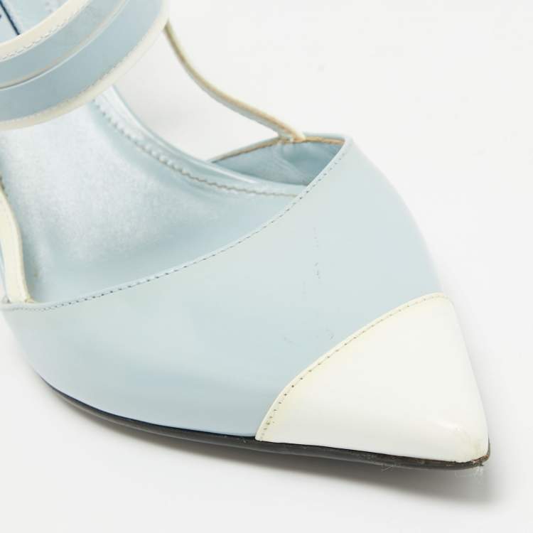 Pre Owned Prada Light Blue/White Leather and Rubber Pointed-Toe Slingback Pumps Size 37