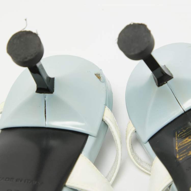 Pre Owned Prada Light Blue/White Leather and Rubber Pointed-Toe Slingback Pumps Size 37