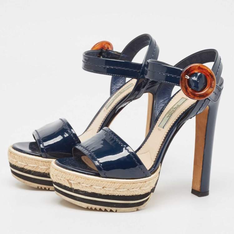Pre Owned Prada Navy Blue Patent Leather Espadrille Platform Ankle Strap Sandals Size 37