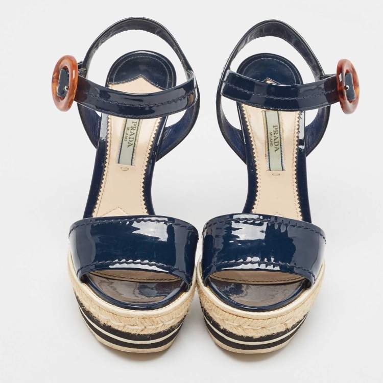 Pre Owned Prada Navy Blue Patent Leather Espadrille Platform Ankle Strap Sandals Size 37