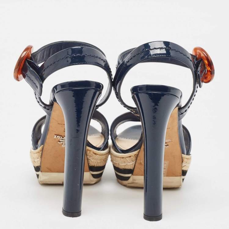 Pre Owned Prada Navy Blue Patent Leather Espadrille Platform Ankle Strap Sandals Size 37
