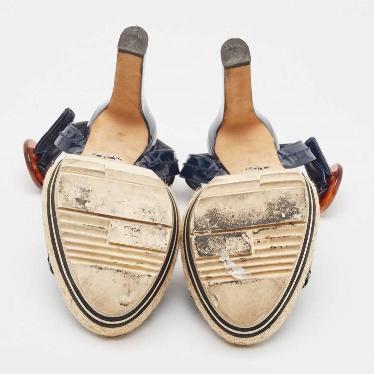 Pre Owned Prada Navy Blue Patent Leather Espadrille Platform Ankle Strap Sandals Size 37