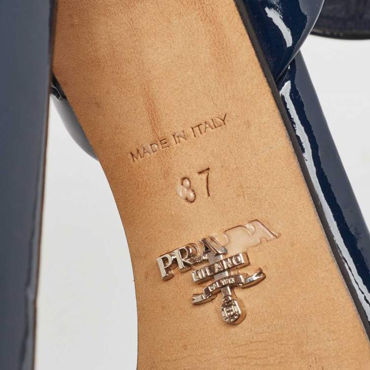 Pre Owned Prada Navy Blue Patent Leather Espadrille Platform Ankle Strap Sandals Size 37