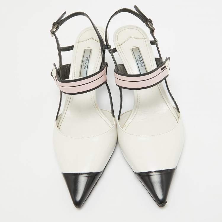 Pre Owned Prada White/Black Leather Slingback Pumps Size 38