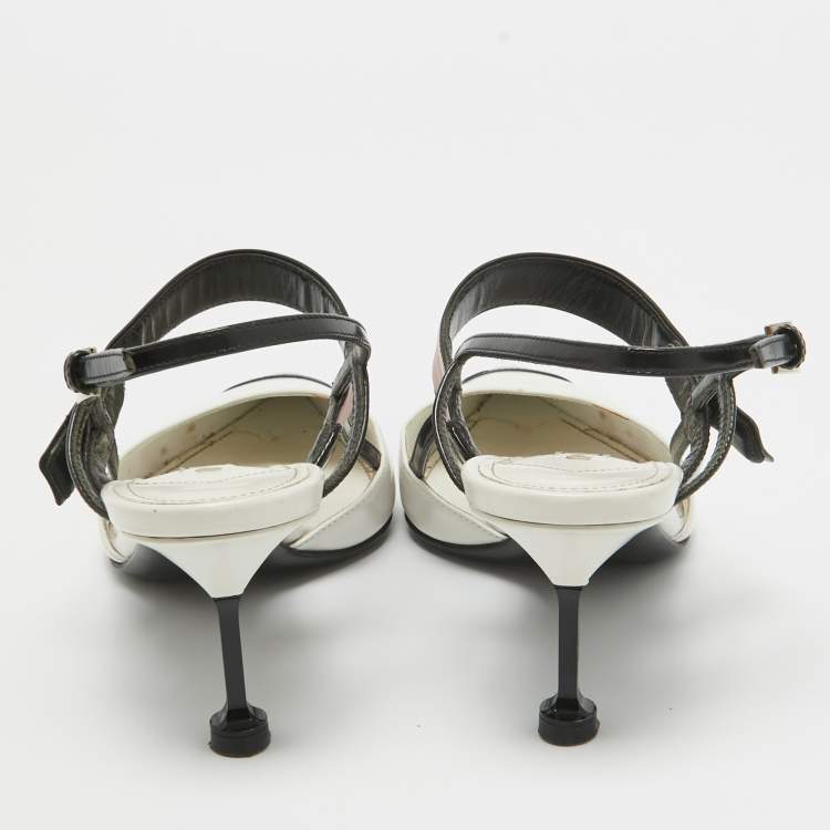 Pre Owned Prada White/Black Leather Slingback Pumps Size 38