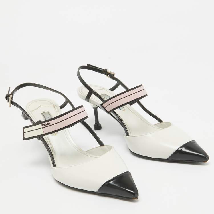 Pre Owned Prada White/Black Leather Slingback Pumps Size 38