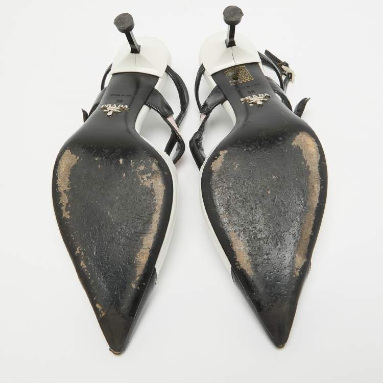 Pre Owned Prada White/Black Leather Slingback Pumps Size 38