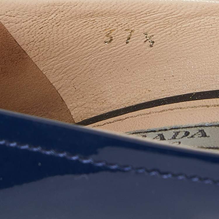 Pre Owned Prada Navy Blue Patent Leather Bow Peep Toe Wedge Pumps Size 37.5