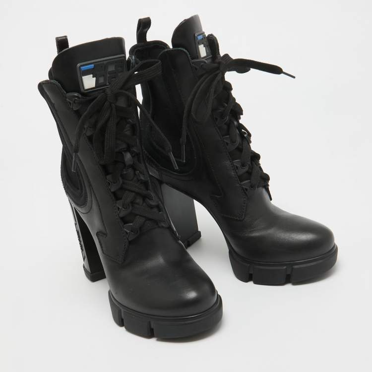 Pre Owned Prada Black Leather and Neopreme Block Heel Ankle Boots Size 39