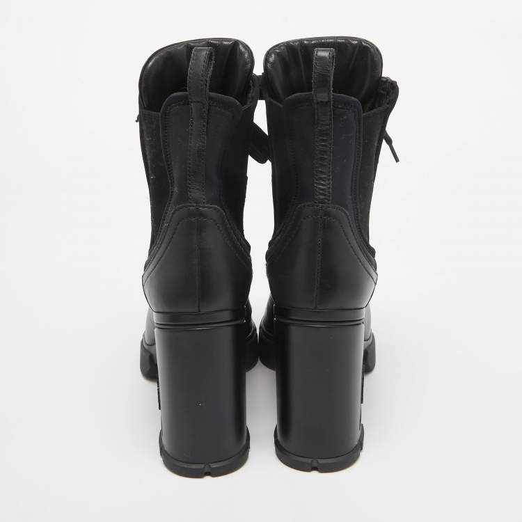 Pre Owned Prada Black Leather and Neopreme Block Heel Ankle Boots Size 39