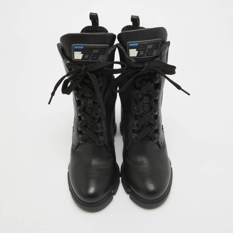 Pre Owned Prada Black Leather and Neopreme Block Heel Ankle Boots Size 39