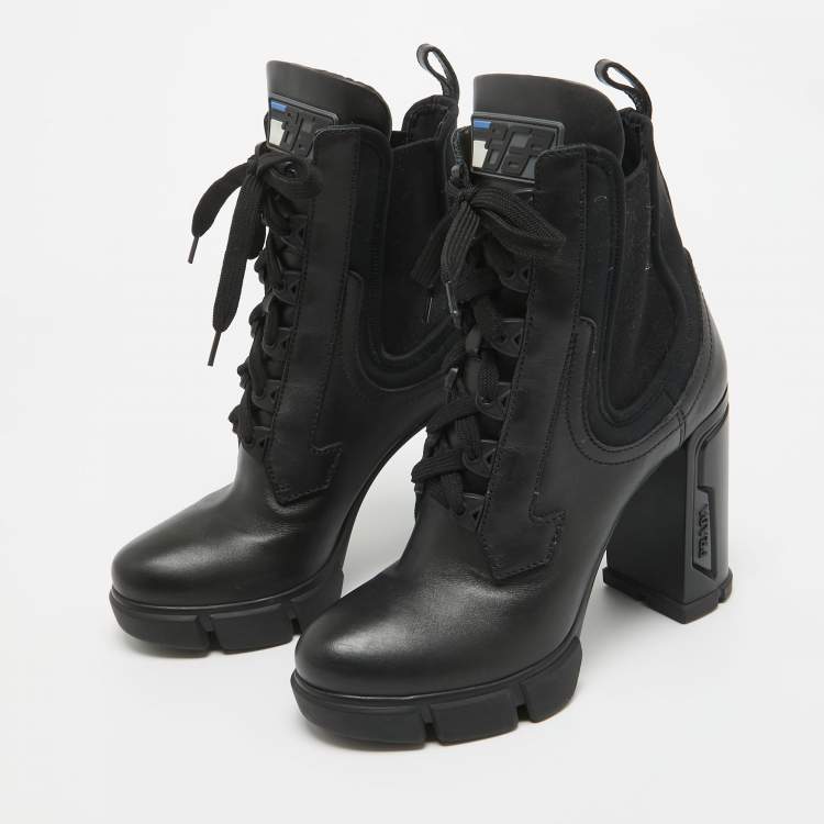Pre Owned Prada Black Leather and Neopreme Block Heel Ankle Boots Size 39