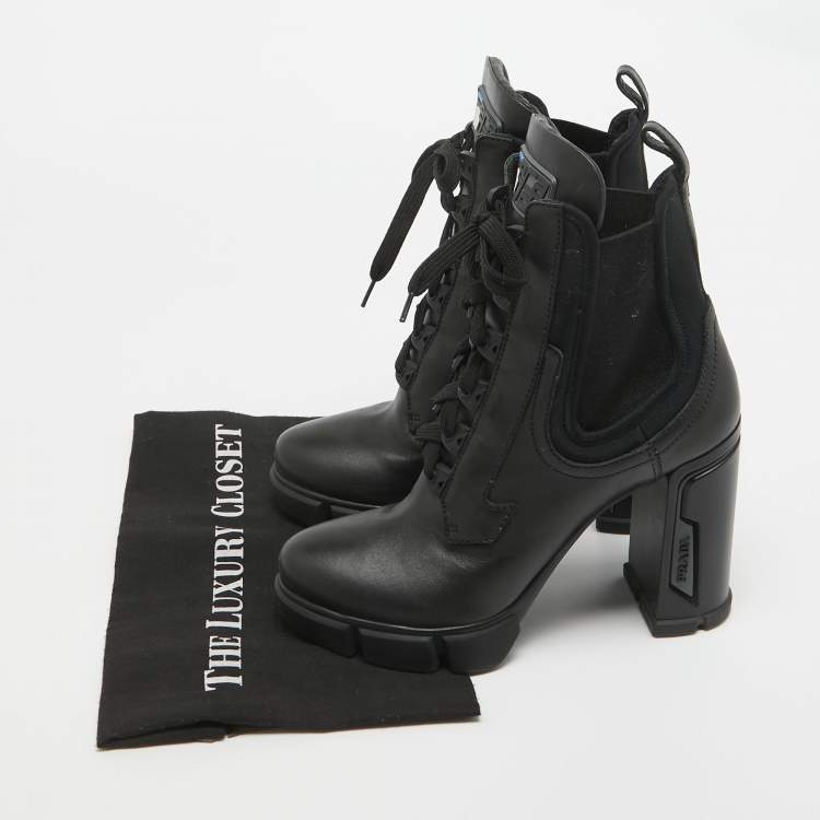 Pre Owned Prada Black Leather and Neopreme Block Heel Ankle Boots Size 39