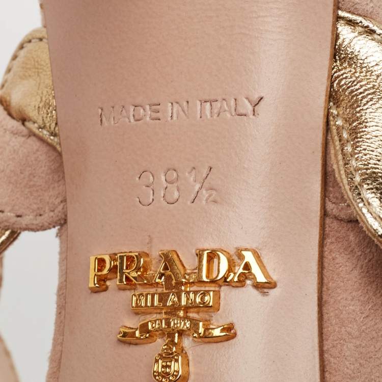 Pre Owned Prada Beige/Gold Suede and Leather Braided Ankle Cuff Sandals Size 38.5