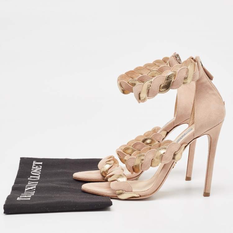 Pre Owned Prada Beige/Gold Suede and Leather Braided Ankle Cuff Sandals Size 38.5