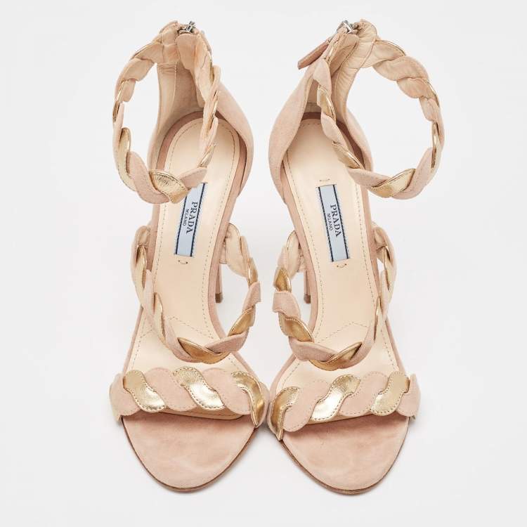 Pre Owned Prada Beige/Gold Suede and Leather Braided Ankle Cuff Sandals Size 38.5
