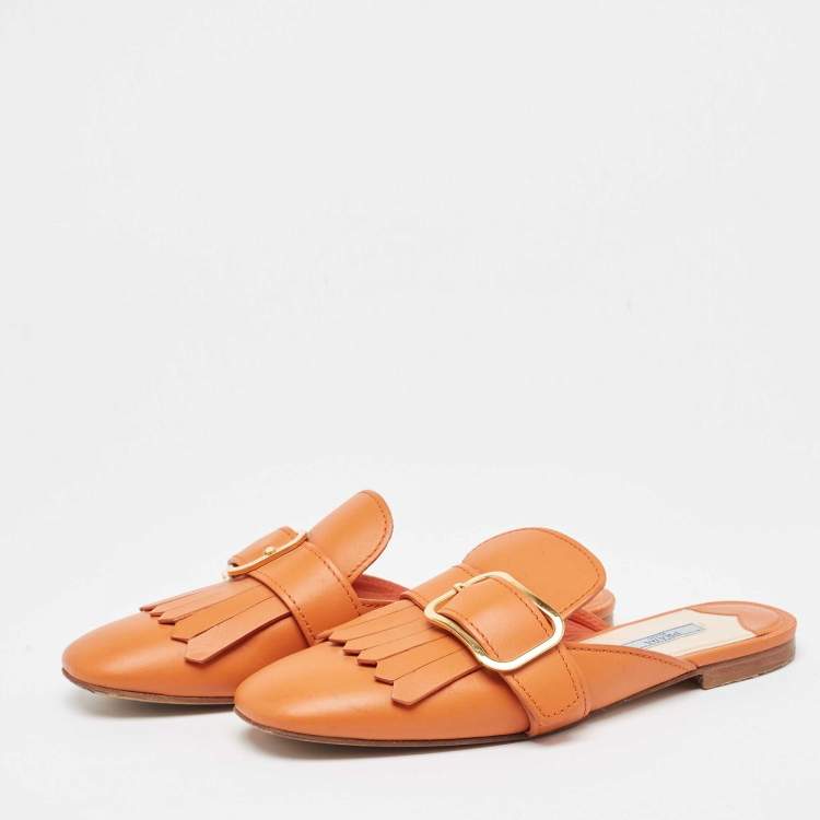 Pre Owned Prada Orange Leather Fringe Buckle Flat Mules Size 39.5