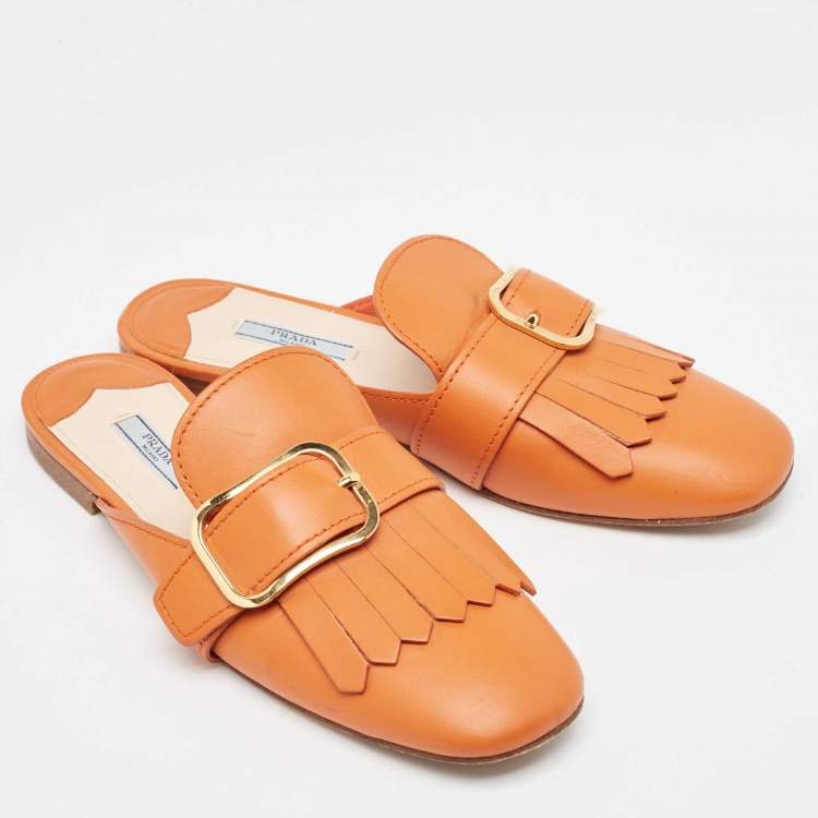 Pre Owned Prada Orange Leather Fringe Buckle Flat Mules Size 39.5