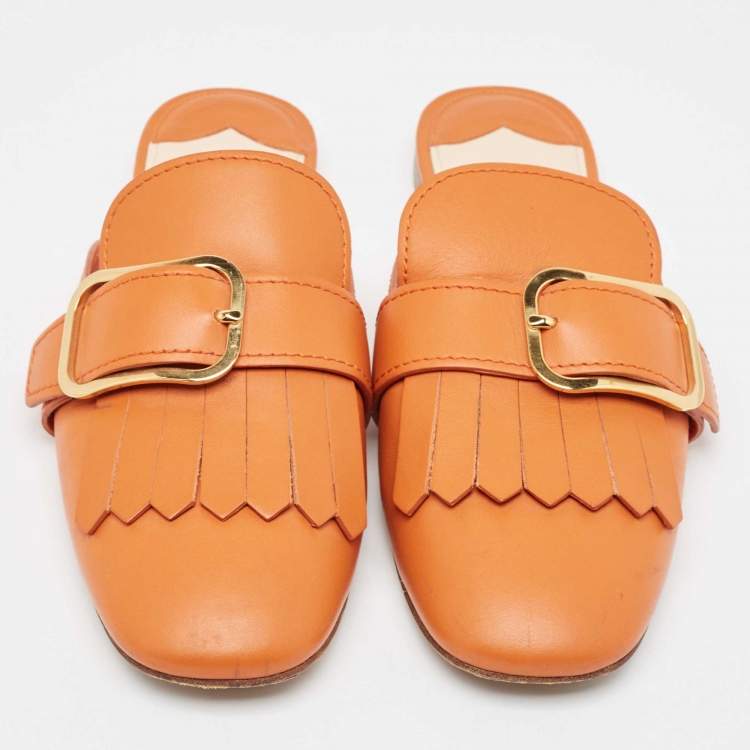 Pre Owned Prada Orange Leather Fringe Buckle Flat Mules Size 39.5