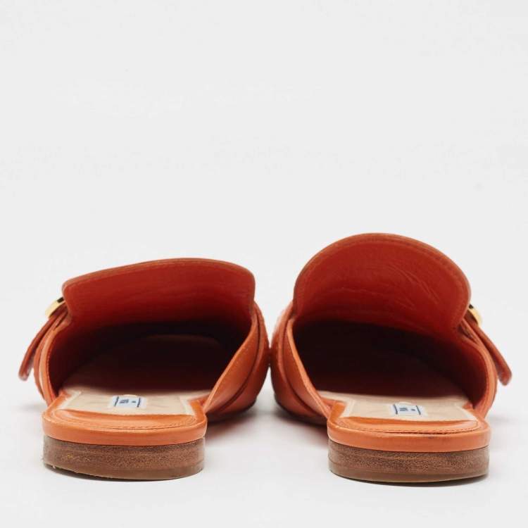 Pre Owned Prada Orange Leather Fringe Buckle Flat Mules Size 39.5