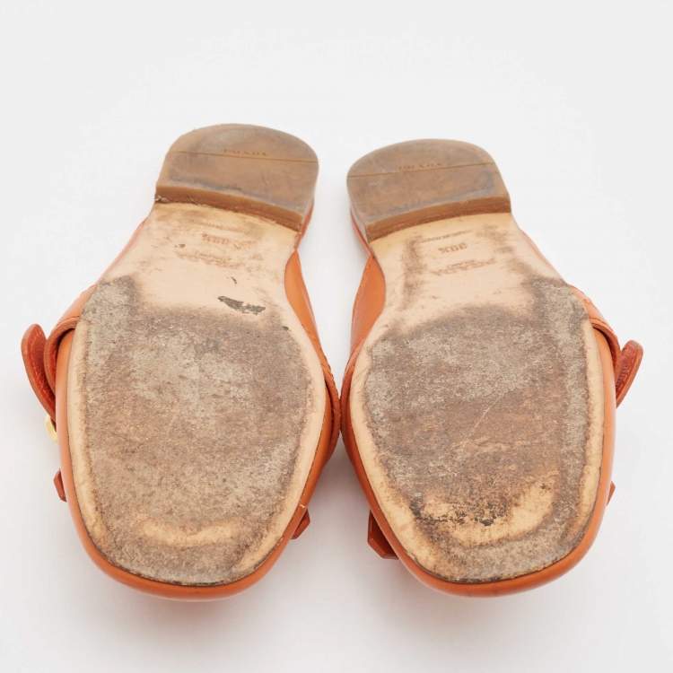 Pre Owned Prada Orange Leather Fringe Buckle Flat Mules Size 39.5