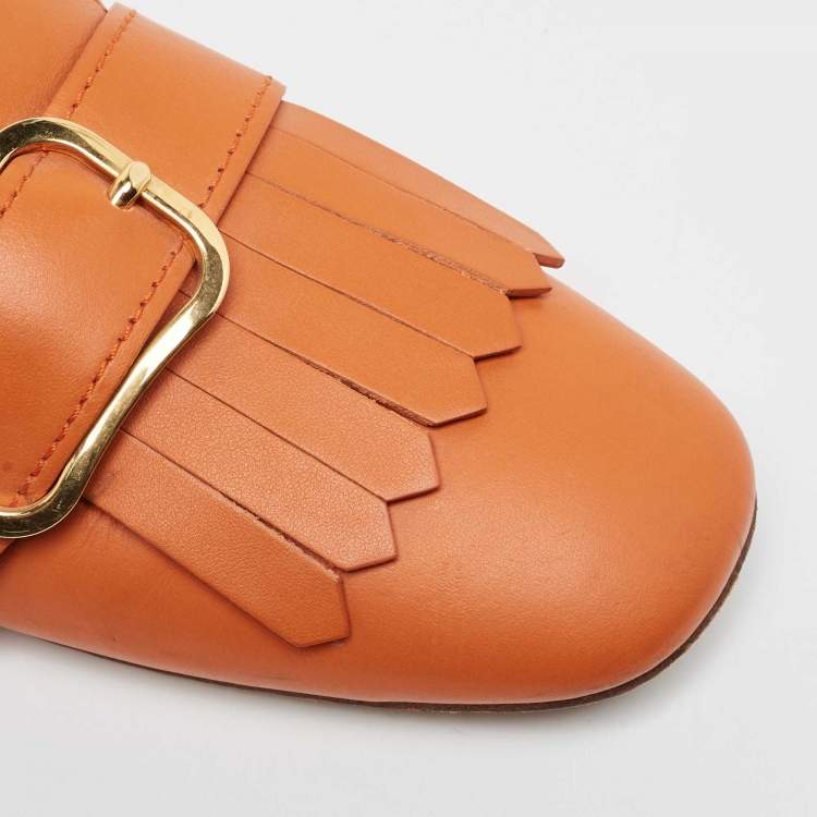 Pre Owned Prada Orange Leather Fringe Buckle Flat Mules Size 39.5