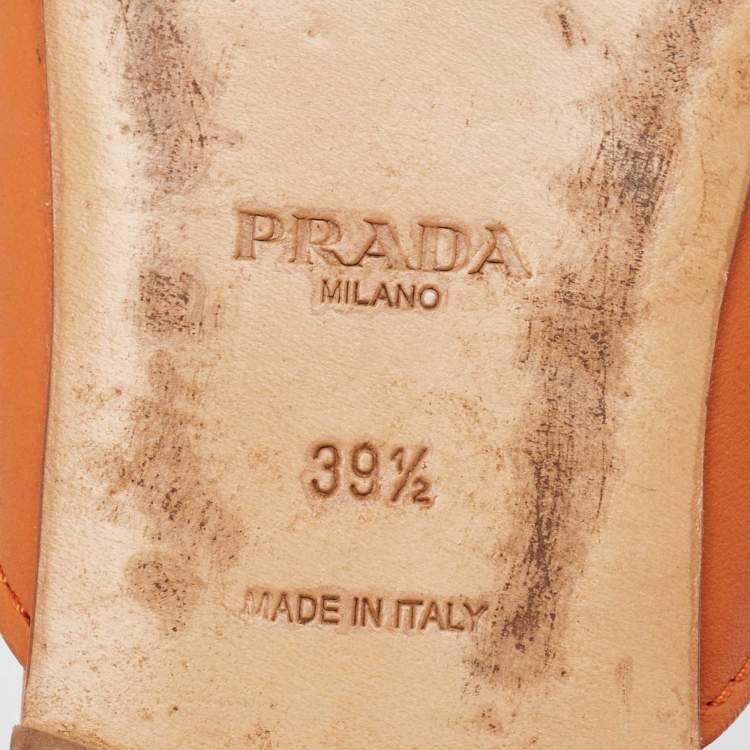 Pre Owned Prada Orange Leather Fringe Buckle Flat Mules Size 39.5