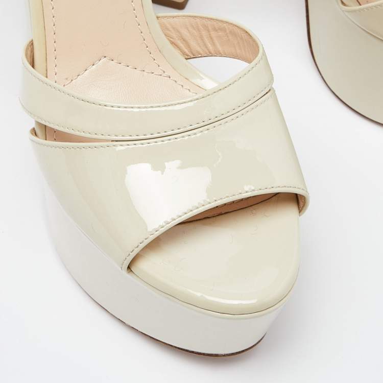 Pre Owned Prada Cream Patent Leather Platform Block Heel Ankle Strap Sandals Size 37.5