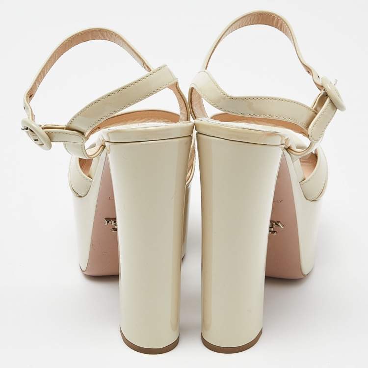 Pre Owned Prada Cream Patent Leather Platform Block Heel Ankle Strap Sandals Size 37.5
