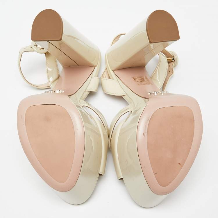 Pre Owned Prada Cream Patent Leather Platform Block Heel Ankle Strap Sandals Size 37.5