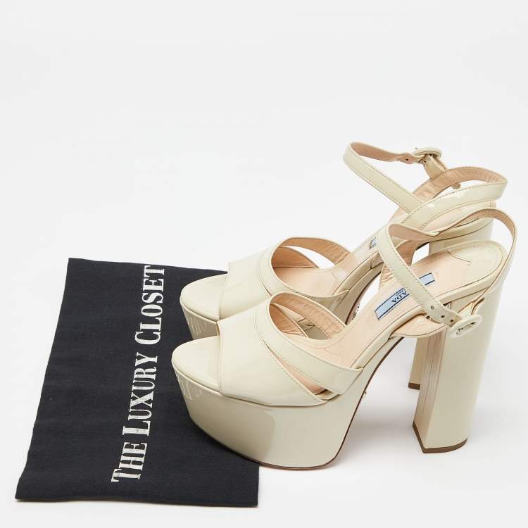 Pre Owned Prada Cream Patent Leather Platform Block Heel Ankle Strap Sandals Size 37.5