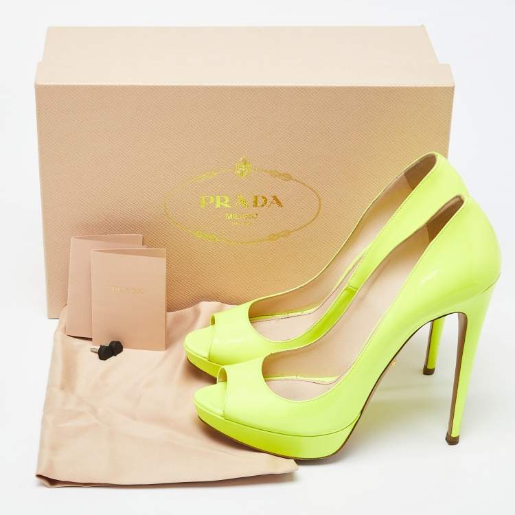 Pre Owned Prada Neon Yellow Patent Leather Platform Peep Toe Pumps Size 38.5