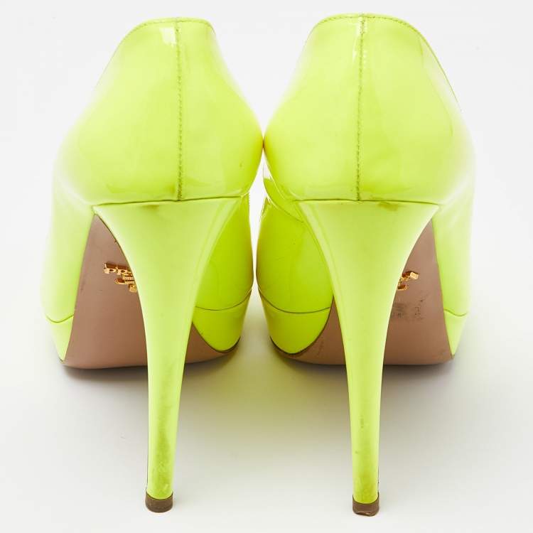 Pre Owned Prada Neon Yellow Patent Leather Platform Peep Toe Pumps Size 38.5