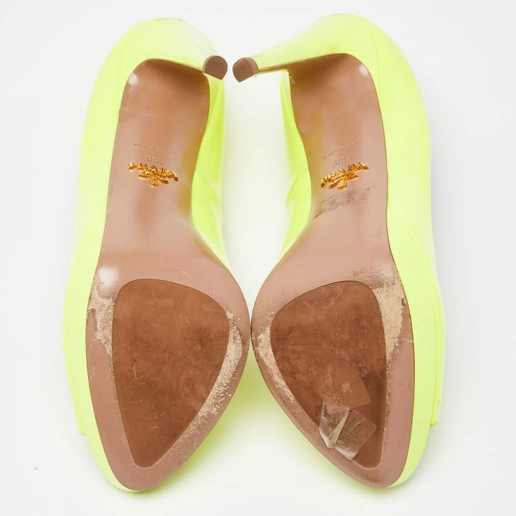 Pre Owned Prada Neon Yellow Patent Leather Platform Peep Toe Pumps Size 38.5