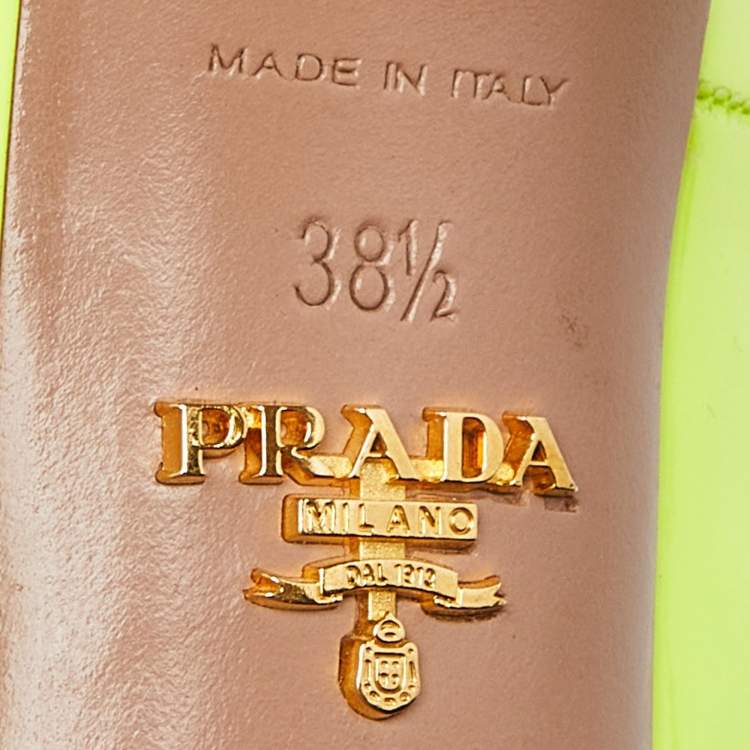 Pre Owned Prada Neon Yellow Patent Leather Platform Peep Toe Pumps Size 38.5