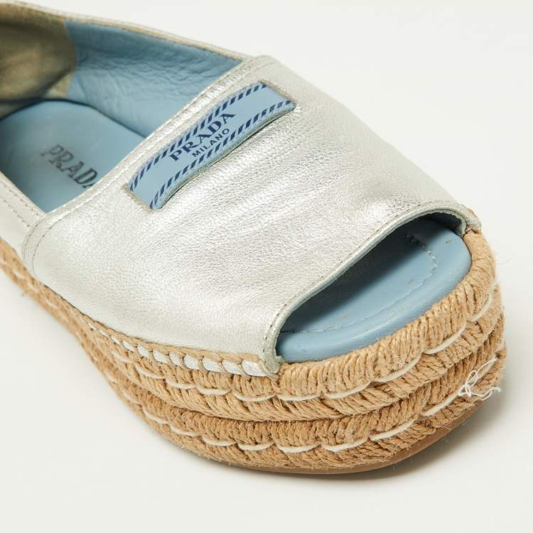 Pre Owned Prada Metallic Silver Leather Open Toe Platform Espadrille Flats Size 36.5