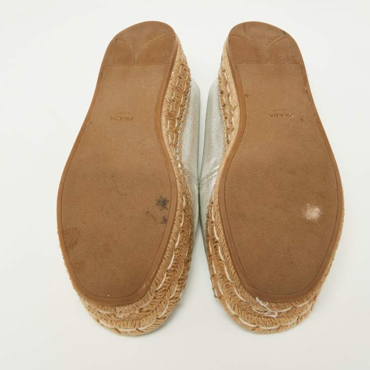 Pre Owned Prada Metallic Silver Leather Open Toe Platform Espadrille Flats Size 36.5