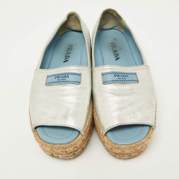 Pre Owned Prada Metallic Silver Leather Open Toe Platform Espadrille Flats Size 36.5