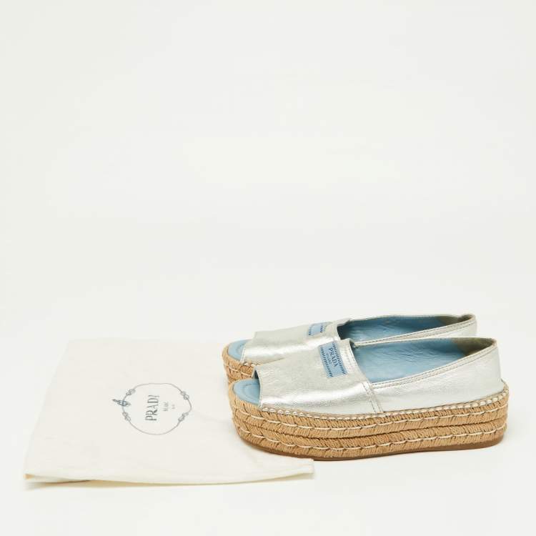 Pre Owned Prada Metallic Silver Leather Open Toe Platform Espadrille Flats Size 36.5