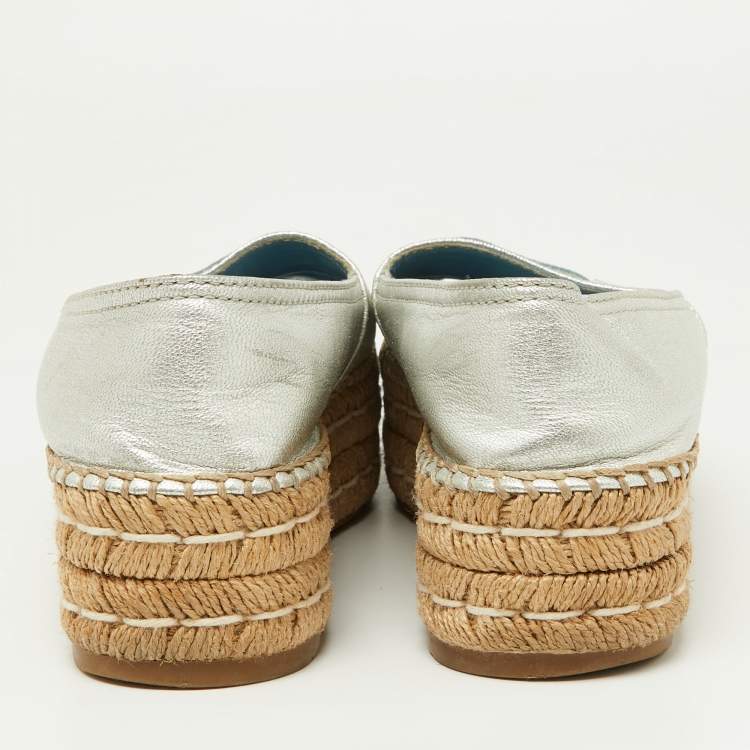 Pre Owned Prada Metallic Silver Leather Open Toe Platform Espadrille Flats Size 36.5