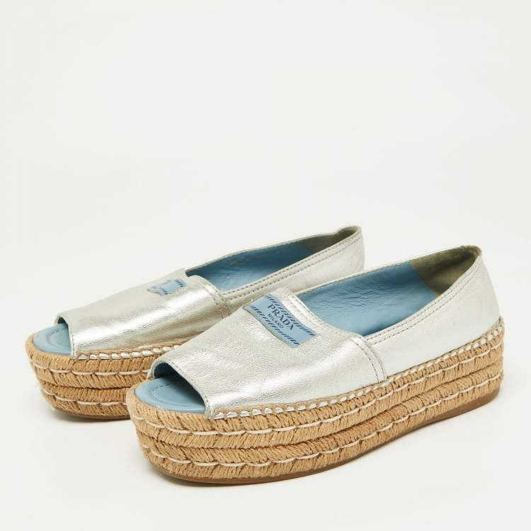 Prada Metallic Silver Leather Open Toe Platform Espadrille Flats Size 36.5 Prada TLC