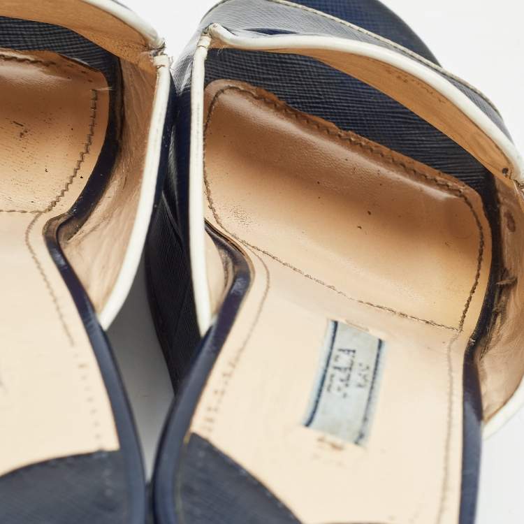 Pre Owned Prada Navy Blue Saffiano Patent Leather Logo Wedge Sandals Size 38