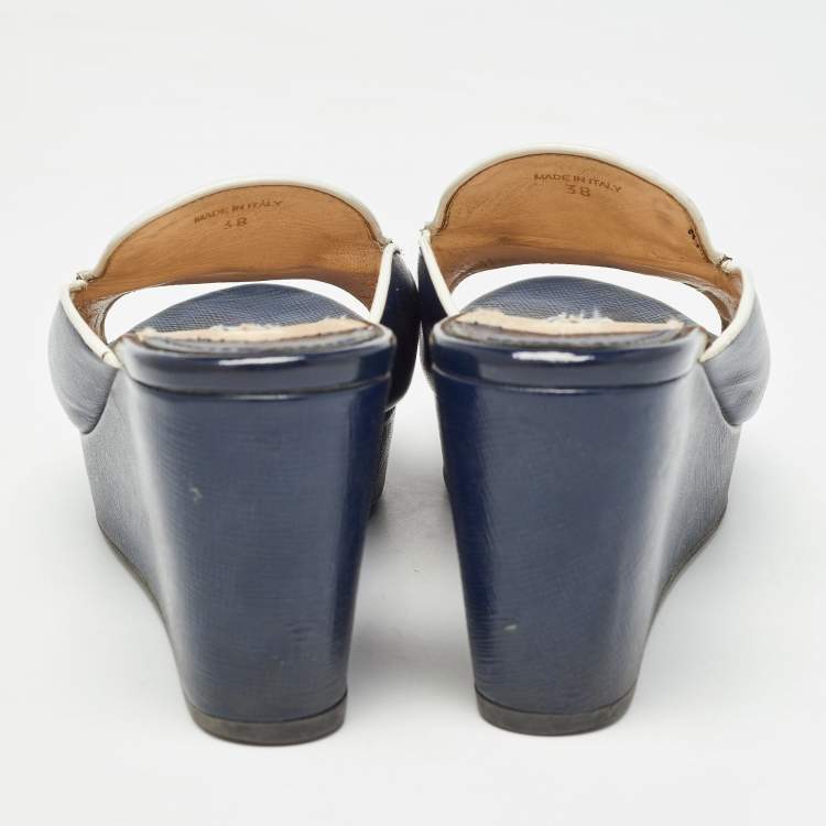 Pre Owned Prada Navy Blue Saffiano Patent Leather Logo Wedge Sandals Size 38