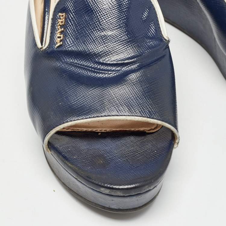 Pre Owned Prada Navy Blue Saffiano Patent Leather Logo Wedge Sandals Size 38
