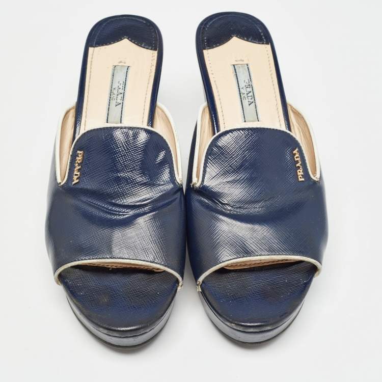 Pre Owned Prada Navy Blue Saffiano Patent Leather Logo Wedge Sandals Size 38
