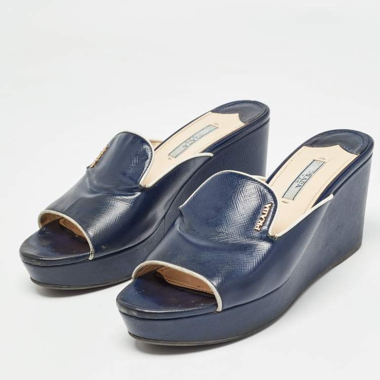 Pre Owned Prada Navy Blue Saffiano Patent Leather Logo Wedge Sandals Size 38