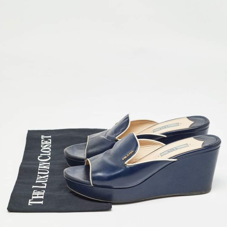 Pre Owned Prada Navy Blue Saffiano Patent Leather Logo Wedge Sandals Size 38
