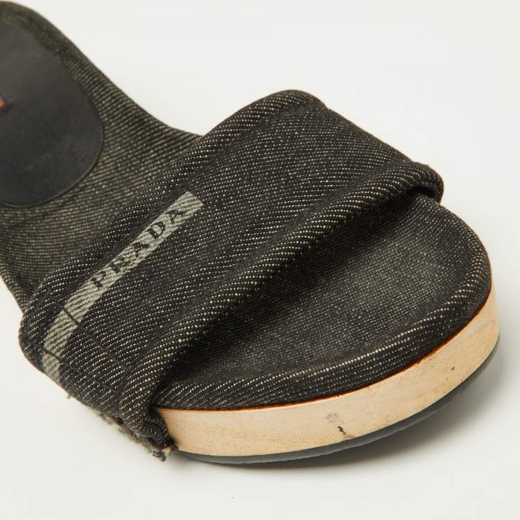 Pre Owned Prada Sport Black Denim Wedge Slide Sandals Size 37