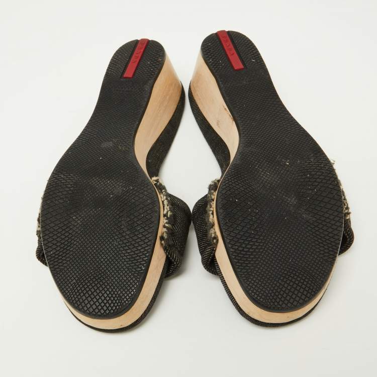 Pre Owned Prada Sport Black Denim Wedge Slide Sandals Size 37