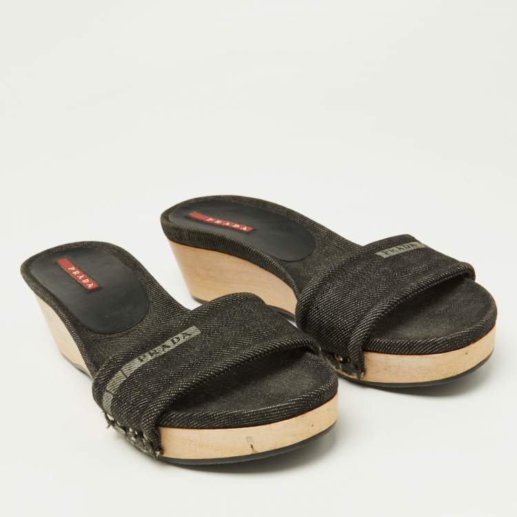 Pre Owned Prada Sport Black Denim Wedge Slide Sandals Size 37